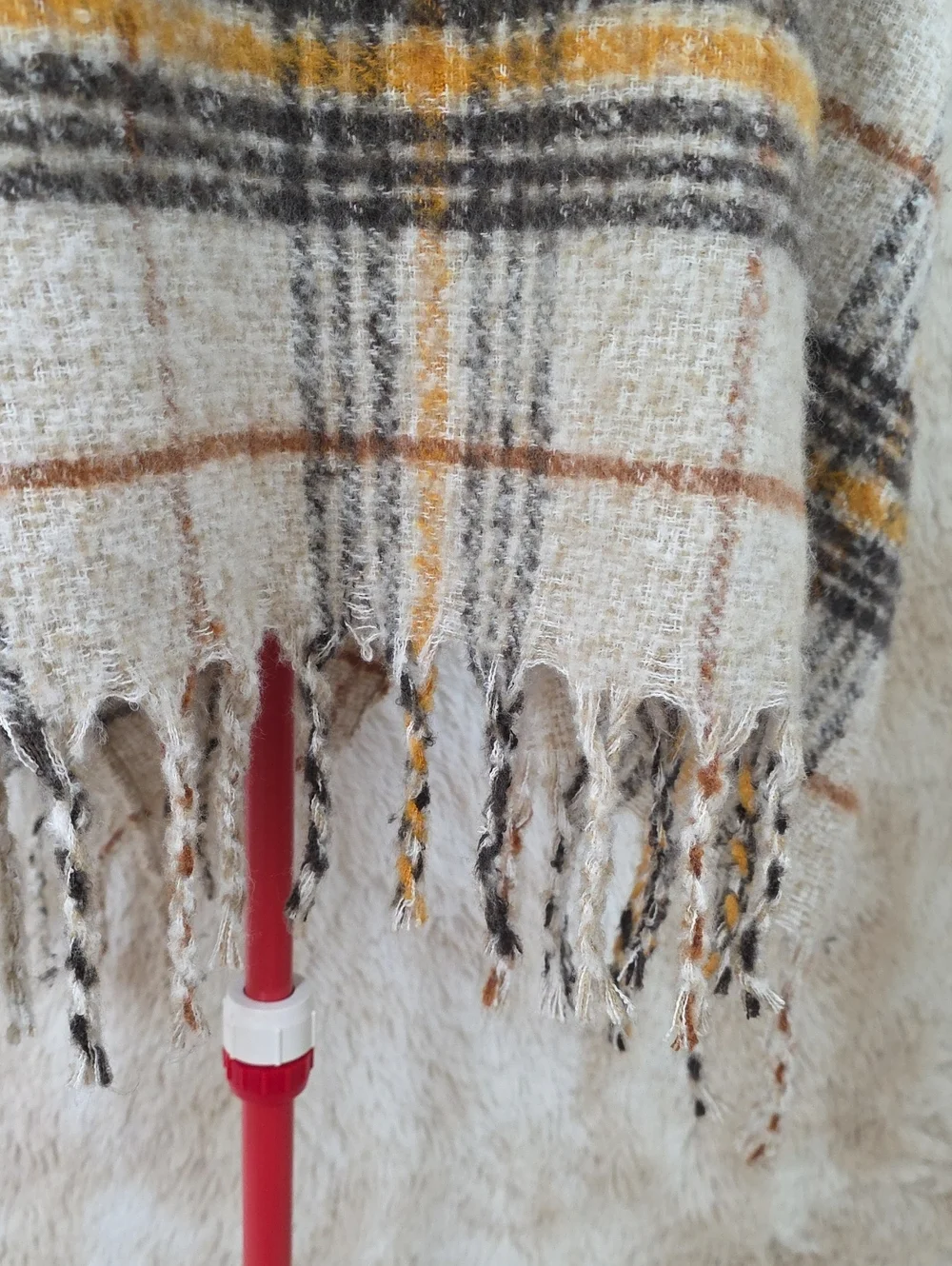 Woolrich Plaid Fringe Ruana Wrap Poncho Shawl One Size Ivory Gray Mustard